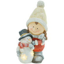 Laden Sie das Bild in den Galerie-Viewer, Wichtel mit Schneemann, Gartenzwerg, mit LEDs, batteriebetrieben, 25 x 18 x 45,5 cm