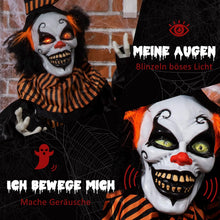 Laden Sie das Bild in den Galerie-Viewer, Animierte Halloween 1,7m Dekoration Horror-Clown mit Spezialeffekten und Soundfunktion rote Augen mit Leuchtern