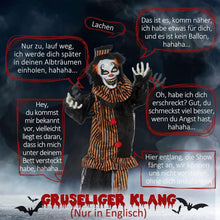 Laden Sie das Bild in den Galerie-Viewer, Animierte Halloween 1,7m Dekoration Horror-Clown mit Spezialeffekten und Soundfunktion rote Augen mit Leuchtern