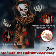 Laden Sie das Bild in den Galerie-Viewer, Animierte Halloween 1,7m Dekoration Horror-Clown mit Spezialeffekten und Soundfunktion rote Augen mit Leuchtern