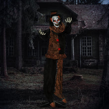 Laden Sie das Bild in den Galerie-Viewer, Animierte Halloween 1,7m Dekoration Horror-Clown mit Spezialeffekten und Soundfunktion rote Augen mit Leuchtern