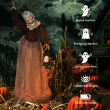 Laden Sie das Bild in den Galerie-Viewer, Lebensgroße animierte Halloween-Dekoration – Hexe mit Laterne, Sound &amp; LED, 150cm