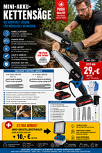 Laden Sie das Bild in den Galerie-Viewer, Sonderposten Plus: Akku-Kettensäge 4 und 6 Zoll. PLUS BAUSTRAHLER (Aufpreis 10,- €). Inkl. 2 Li-Ion-Akkus und Ladestation.