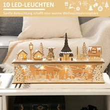 Laden Sie das Bild in den Galerie-Viewer, Weihnachtsdekoration, Weihnachtsdorf, 10 LEDs, warmweißes Licht, 45 x 10 x 25 cm, Holzdekor