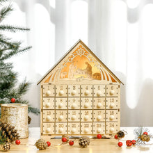 Laden Sie das Bild in den Galerie-Viewer, Adventskalender mit LED-Beleuchtung, 24 Schubladen, Krippenszene, 26,6x6x30 cm, Holzoptik