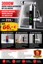 Laden Sie das Bild in den Galerie-Viewer, Wasserhahn Armatur mit Durchlauferhitzer mit LED-Anzeige. Komplette 3000W Armatur mit Stromanschluss.