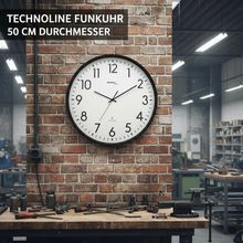Laden Sie das Bild in den Galerie-Viewer, Riesige Hallen-Funk-Wanduhr Aluminium, klassische Anzeige, Funkuhr, Ø 50,5 cm