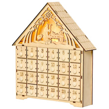 Laden Sie das Bild in den Galerie-Viewer, Adventskalender mit LED-Beleuchtung, 24 Schubladen, Krippenszene, 26,6x6x30 cm, Holzoptik