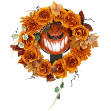 Laden Sie das Bild in den Galerie-Viewer, Halloween-Kranz mit Kürbisgesicht &amp; 44 LED-Lichtern – Flackernder Grusel für Tür, Fenster &amp; Kamin, 44 cm