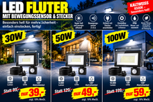 Laden Sie das Bild in den Galerie-Viewer, Neues LED Sicherheit Flutlicht Strahler mit Bewegungsmelder (Sensor) und Stecker zum direkten Anschließen. Lichtfarbe helles weiß. 30-100 Watt