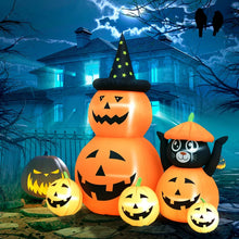 Laden Sie das Bild in den Galerie-Viewer, Halloween-Gartendeko Kürbisfamilie mit Katze, Gebläse wetterfest 160 x 100 x 180cm