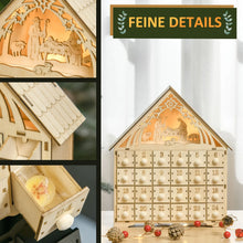 Laden Sie das Bild in den Galerie-Viewer, Adventskalender mit LED-Beleuchtung, 24 Schubladen, Krippenszene, 26,6x6x30 cm, Holzoptik