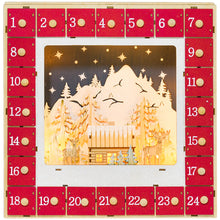 Laden Sie das Bild in den Galerie-Viewer, Adventskalender mit Dorfszene, 24 große Schubladen, 34 x 7 x 34 cm, Rot