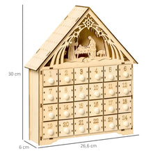 Laden Sie das Bild in den Galerie-Viewer, Adventskalender mit LED-Beleuchtung, 24 Schubladen, Krippenszene, 26,6x6x30 cm, Holzoptik