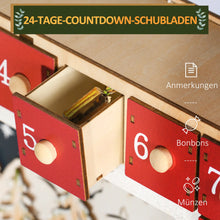 Laden Sie das Bild in den Galerie-Viewer, Adventskalender mit Dorfszene, 24 große Schubladen, 34 x 7 x 34 cm, Rot