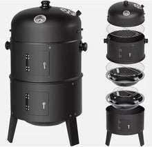 Laden Sie das Bild in den Galerie-Viewer, BBQ 3in1 Holzkohlegrill Barbecue Räuchertonne Räuchergrill Grilltonne Smoker