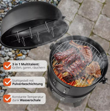 Laden Sie das Bild in den Galerie-Viewer, BBQ 3in1 Holzkohlegrill Barbecue Räuchertonne Räuchergrill Grilltonne Smoker