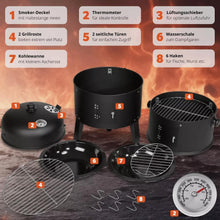 Laden Sie das Bild in den Galerie-Viewer, BBQ 3in1 Holzkohlegrill Barbecue Räuchertonne Räuchergrill Grilltonne Smoker
