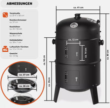 Laden Sie das Bild in den Galerie-Viewer, BBQ 3in1 Holzkohlegrill Barbecue Räuchertonne Räuchergrill Grilltonne Smoker