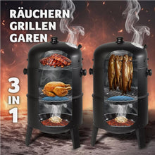 Laden Sie das Bild in den Galerie-Viewer, BBQ 3in1 Holzkohlegrill Barbecue Räuchertonne Räuchergrill Grilltonne Smoker