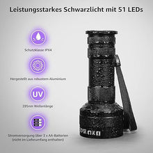 Laden Sie das Bild in den Galerie-Viewer, UV Schwarzlicht Taschenlampe HD51 mit 51 LEDs (395 nm) zur Erkennung eingetrockneter Tierurin-Flecken