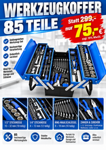 Laden Sie das Bild in den Galerie-Viewer, Sonderposten. Blauer 5-lagiger Vollmetall-Werkzeugkoffer: 85-teiliges Premium Werkzeugset in Klappkiste