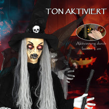 Laden Sie das Bild in den Galerie-Viewer, Animierte Halloween-Dekoration – Hexe mit Skull, LED-Augen, Sound &amp; Bewegung, 170 cm