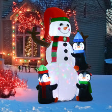 Laden Sie das Bild in den Galerie-Viewer, Aufblasbare Schneemann-Skulptur mit drei Pinguinen, 180 cm mit LED-Beleuchtung. Weihnachten Deko Luftfigur