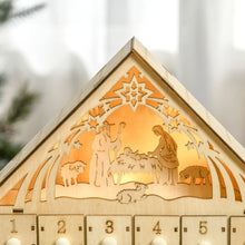 Laden Sie das Bild in den Galerie-Viewer, Adventskalender mit LED-Beleuchtung, 24 Schubladen, Krippenszene, 26,6x6x30 cm, Holzoptik