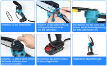 Laden Sie das Bild in den Galerie-Viewer, Mini-Akku-Kettensäge 4 und 6 Zoll. (2 Ketten-Längen). Inkl. 2 Li-Ion-Akkus und Ladestation.