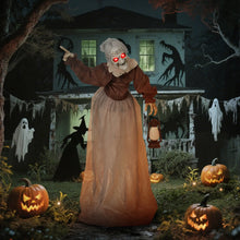 Laden Sie das Bild in den Galerie-Viewer, Lebensgroße animierte Halloween-Dekoration – Hexe mit Laterne, Sound &amp; LED, 150cm