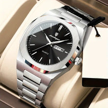 Laden Sie das Bild in den Galerie-Viewer, Elegante Herren-Armbanduhr, Stahlband mit schwarzem Ziffernblat.  Mit präzisem Quarzwerk