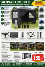 Laden Sie das Bild in den Galerie-Viewer, Faltpavillon wasserdicht. Pop Up. Mit 4 Seitenteilen. 3x3 Meter. Gartenzelt. Partyzelt. UV50+ Schutz. Einfaches Faltsystem.