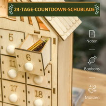 Laden Sie das Bild in den Galerie-Viewer, Adventskalender mit LED-Beleuchtung, 24 Schubladen, Krippenszene, 26,6x6x30 cm, Holzoptik