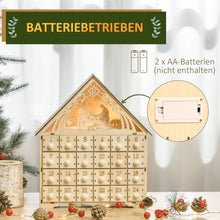 Laden Sie das Bild in den Galerie-Viewer, Adventskalender mit LED-Beleuchtung, 24 Schubladen, Krippenszene, 26,6x6x30 cm, Holzoptik