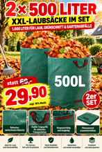 Laden Sie das Bild in den Galerie-Viewer, Doppelpack: 2x500 Liter Gartenabfallsack XXL. Gartentasche Riesiger Laubsack