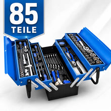 Laden Sie das Bild in den Galerie-Viewer, Sonderposten. Blauer 5-lagiger Vollmetall-Werkzeugkoffer: 85-teiliges Premium Werkzeugset in Klappkiste
