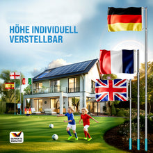 Laden Sie das Bild in den Galerie-Viewer, Teleskop-Fahnenmast (Silber o. Schwarz) mit Fahne. 6,30 m. Für Firma, Garten, Haus... Mit Flagge 150 x 90 cm.