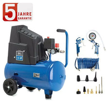 Laden Sie das Bild in den Galerie-Viewer, Kompressor 8 BAR 24 Liter Kessel im Set mit Druckluftpistole Spiralschlauch. Für Auto, LKW, Wohnmobil, Fahrrad, Motorrad usw. und Werkzeuge.