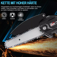 Laden Sie das Bild in den Galerie-Viewer, Schwarze Mini-Akku-Kettensäge 4 und 6 Zoll. (2 Ketten-Längen). Inkl. 2 Li-Ion-Akkus und Ladestation.