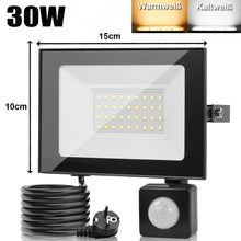 Laden Sie das Bild in den Galerie-Viewer, Neues LED Sicherheit Flutlicht Strahler mit Bewegungsmelder (Sensor) und Stecker zum direkten Anschließen. Lichtfarbe helles weiß. 30-100 Watt
