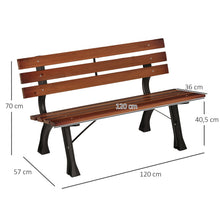 Laden Sie das Bild in den Galerie-Viewer, Parkbank mit Rückenlehne. 120 cm Breite. Dunkles Holz. 2-Sitzer. Im typischen Parkbank-Look. Lamellen.