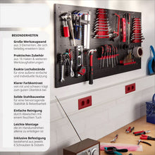 Laden Sie das Bild in den Galerie-Viewer, Werkzeugwand Metall 120 × 60 cm. Lochwand mit 25 Haken und Halterungen.