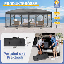 Laden Sie das Bild in den Galerie-Viewer, Faltpavillon 3 x 6 m Pop-Up – Partyzelt, Eventzelt &amp; Gartenzelt mit 4 Moskitonetzen in Grau, Blau oder beige