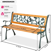 Laden Sie das Bild in den Galerie-Viewer, Parkbank, Gußeisen mit verschiedenen Motiven. Lackiertes Holz. Wetterfest. 122 cm Breite.