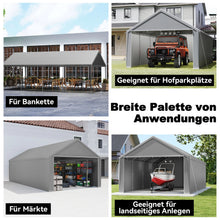 Laden Sie das Bild in den Galerie-Viewer, Autozelt Garagenzelt mit Seitenwänden und Rolltor. UV-Schutz. Verschiedene Größen. Weiß oder Grau.