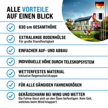 Laden Sie das Bild in den Galerie-Viewer, Teleskop-Fahnenmast (Silber o. Schwarz) mit Fahne. 6,30 m. Für Firma, Garten, Haus... Mit Flagge 150 x 90 cm.
