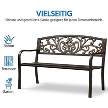 Laden Sie das Bild in den Galerie-Viewer, Metall-Parkbank mit Rückenlehne. 2-Sitzer. Bronze oder schwarz. 1,27 Meter