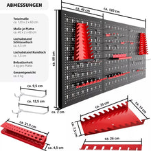 Laden Sie das Bild in den Galerie-Viewer, Werkzeugwand Metall 120 × 60 cm. Lochwand mit 25 Haken und Halterungen.