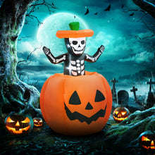 Laden Sie das Bild in den Galerie-Viewer, Halloween Aufblasbarer Kürbis 100 cm mit Skelett Halloweendekorationen LED
